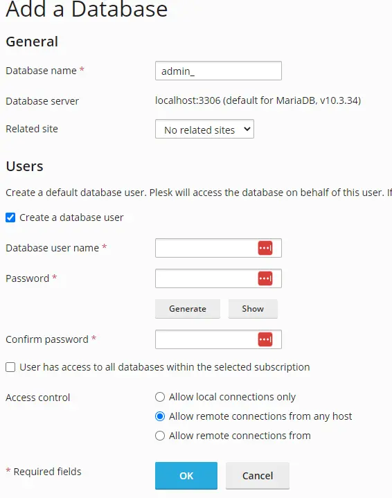 create mysql user in Plesk